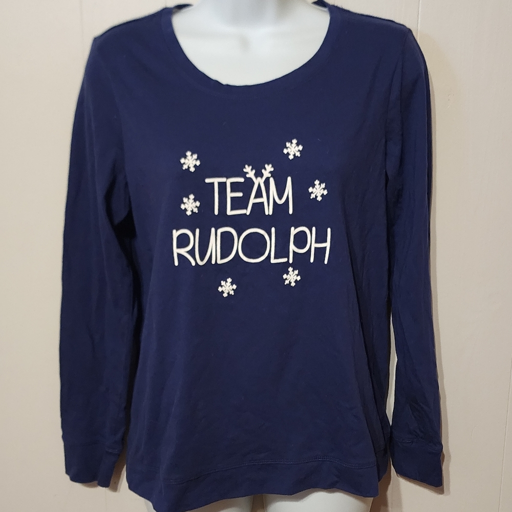 Christmas Shirt Small Long Sleeve Team Rudolph Blue White Holiday‎ Xmas B187